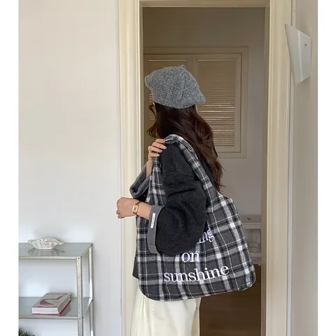 Women Retro Woolen Plaid Tote Bag 3D Letter Embroidery Vest Bag Autumn Winter Large Capacity Shopping Shoulder Bag