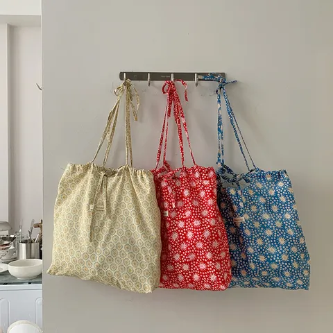 Lässige Polyester Baumwolle Karierte Umhängetasche Frische Sonnenblume Drucken Tragtasche Große Kapazität Kordelzug Schleife Einkaufstasche Für Damen