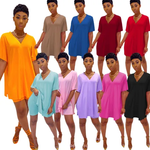 Women Casual Solid Color V Neck Batwing Sleeve Split Top And Shorts Set Loose Casual Outfit Female Apparel