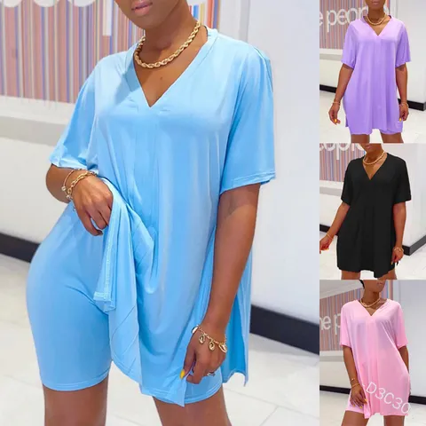 Women Casual Solid Color V Neck Batwing Sleeve Split Top And Shorts Set Loose Casual Outfit Female Apparel