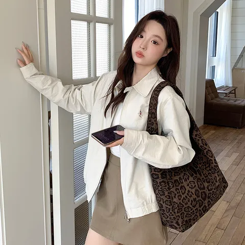 Women Designer Large Capacity Tote Bag Faux Suede Wool Felt Shoulder Bag Vintage Leopard Print Minimalist Autumn Commuting Bag
