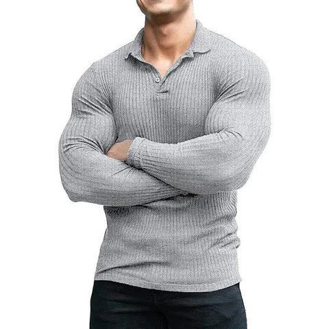 Heren Casual Lange Mouw POLO-shirt Slim Fit Geribbeld Gebreid Revers Knop Top Effen Kleur Fitness Sport Kleding