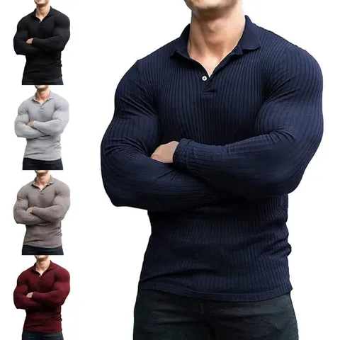Heren Casual Lange Mouw POLO-shirt Slim Fit Geribbeld Gebreid Revers Knop Top Effen Kleur Fitness Sport Kleding