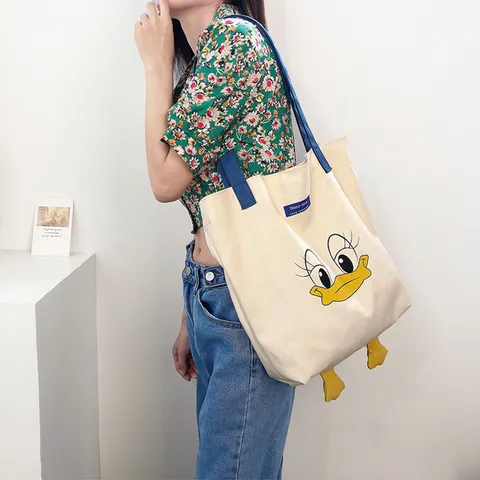 Cute Cartoon Duck Printed Canvas Tote Bag Large Capacity Color Block Shoulder Bag With Three Dimensional Feet For Women Daily Casual Handbag