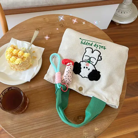 Cute Corduroy Embroidered Handbag Large Capacity Lunch Bag Student Versatile Fashion Mummy Tote Bag With Tulip Puppy Pattern