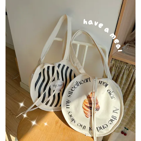 Damen Casual Canvas Tote Tasche Große Kapazität Runde Schultertasche Künstlerische Bedruckte Buchstabentasche Für Studenten Mädchen Täglich