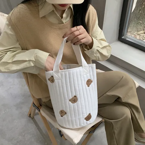 Korean Quilted Embroidered Handbag Cartoon Bear Tulip Pattern Cotton Canvas Diaper Bag For Baby Stroller Storage Hanging Bag