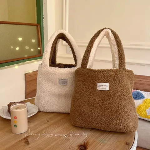 Süße Plüsch Bär Handtasche Für Damen Herbst Winter Flauschige Teddy Vlies Top Handle Tasche Weiche Japanische Cartoon Tote