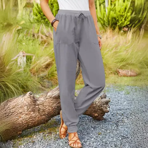 Pantaloni Casual in Misto Cotone e Lino da Donna Vita Media Coulisse Pantaloni Lunghi Larghi Urbano Quotidiano