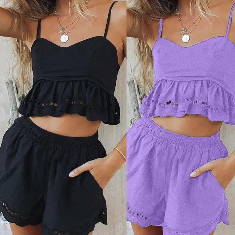 Ensemble Pyjama Femme Sexy avec Haut Court à Bretelles en Dentelle et Short Été Casual Sans Manches Vêtement de Nuit