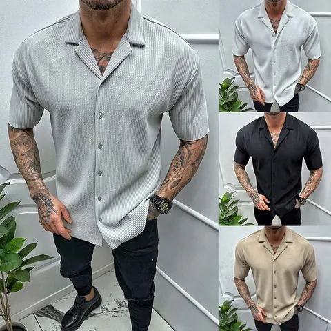 Camisa Cárdigan Casual de Color Sólido de Manga Corta con Cuello Rebatible para Hombre Verano Moda Negocios Corte Regular Top de Poliéster