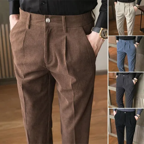 Men's Casual Corduroy Pants Slim Fit Straight Leg Business Trousers High Waist Zipper Fly Stretch Daily Wear Trousers