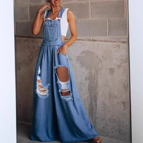 Women's Casual Loose Ripped Denim Overalls Vintage Straight Leg Long Pants Streetwear Cotton Denim Jumpsuit