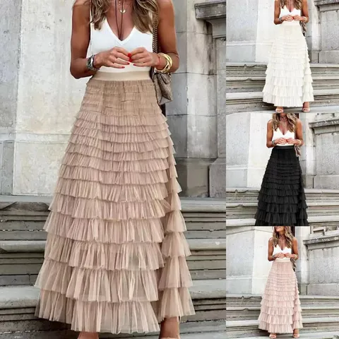 Women Summer Fashion Casual Mesh Tiered Long Skirt High Waist Solid Color Elegant Maxi Skirt Female Clothing