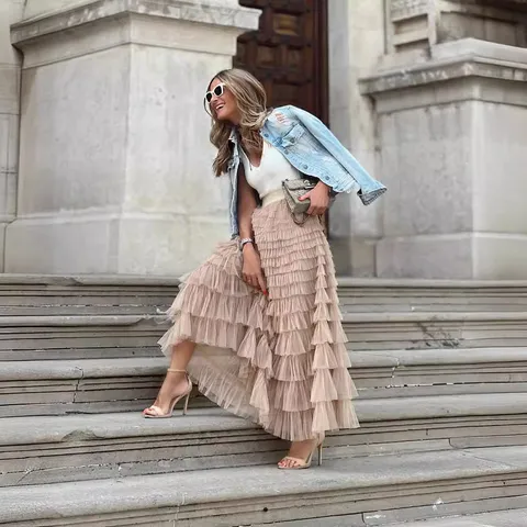 Women Summer Fashion Casual Mesh Tiered Long Skirt High Waist Solid Color Elegant Maxi Skirt Female Clothing