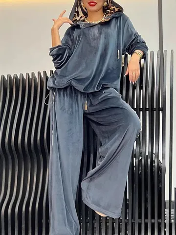 Γυναικείο Casual Velvet Tracksuit Two Piece Set Leopard Print Lined Long Sleeve Hoodie And Wide Leg Pants Sweatsuit