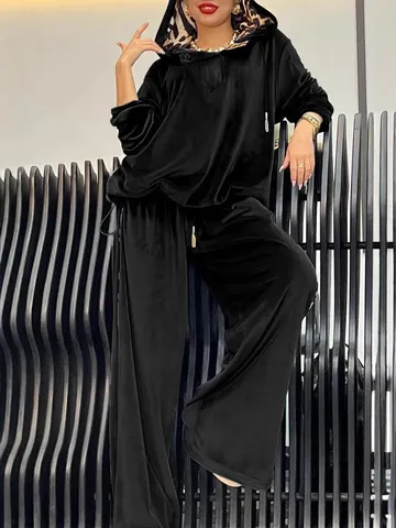 Γυναικείο Casual Velvet Tracksuit Two Piece Set Leopard Print Lined Long Sleeve Hoodie And Wide Leg Pants Sweatsuit