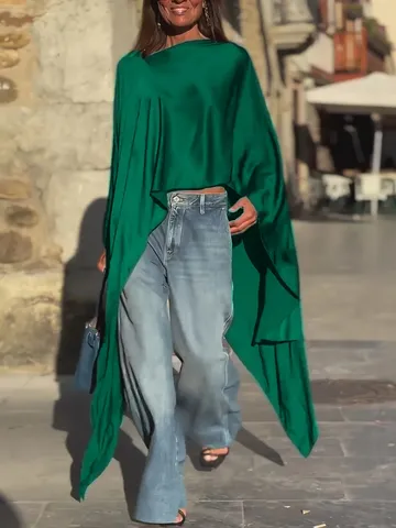 Camiseta Casual Suelta e Irregular de Satén para Mujer Verano Estilo Europeo Manga Murciélago Corta Color Sólido