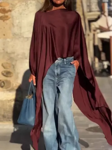 Camiseta Casual Suelta e Irregular de Satén para Mujer Verano Estilo Europeo Manga Murciélago Corta Color Sólido