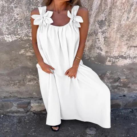 Women's Summer Casual Solid Color Sleeveless Slip Dress Elegant 3D Floral Strap Long Maxi Dress Beach Party Vacation
