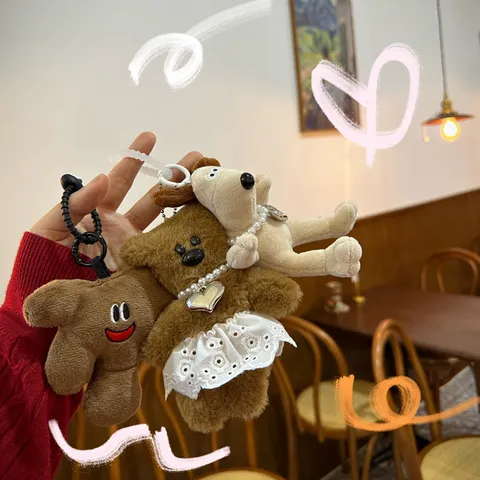Koreaanse Stijl Ins Maillard Pluche Tashanger Schattige Beer Met Kunstparel Ketting Hond Kokosboom Sleutelhanger Rugzak Charm Voor Vrouwen Meisjes Cadeau