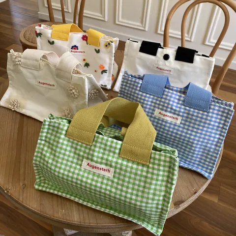Korean Style Waterproof Canvas Mini Tote Handbag Plaid Floral Embroidered Small Top Handle Storage Bag For Women Casual Daily