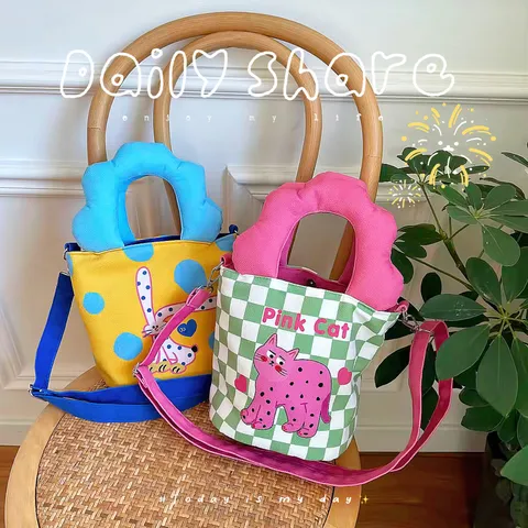 Borsa a Tracolla da Donna Illustrazione Dipinta a Mano con Manico a Nuvola Borsa Tote a Secchiello in Tela Gatto a Pois