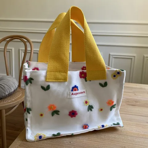 Korean Style Waterproof Canvas Mini Tote Handbag Plaid Floral Embroidered Small Top Handle Storage Bag For Women Casual Daily