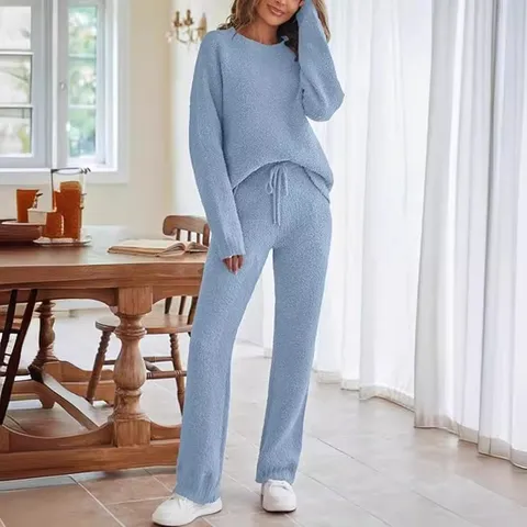 Mujer Casual Color Sólido Cuello Redondo Manga Larga Top Pantalón Largo Grueso Cálido Tejido Loungewear Conjunto Otoño Invierno Moda