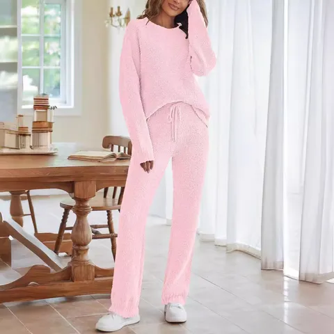 Mujer Casual Color Sólido Cuello Redondo Manga Larga Top Pantalón Largo Grueso Cálido Tejido Loungewear Conjunto Otoño Invierno Moda