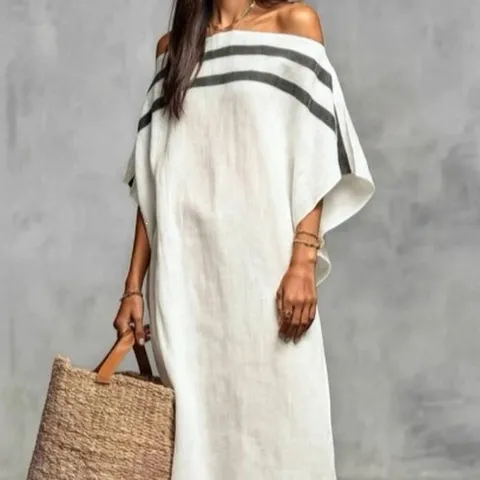 Γυναικείο Casual Φόρεμα Maxi με Έξω τους Ώμους και Ριγέ Αντίθεσης Κομψό Μακρύ Φόρεμα για Διακοπές