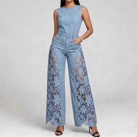 Women's Casual Sleeveless Crew Neck Hollow Lace Splicing Denim Wide Leg Long Jumpsuit Fashion Streetwear Outfits
