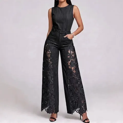 Women's Casual Sleeveless Crew Neck Hollow Lace Splicing Denim Wide Leg Long Jumpsuit Fashion Streetwear Outfits