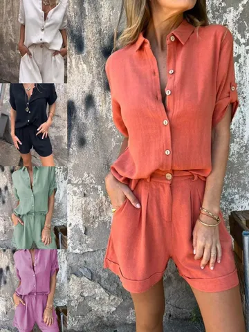 Ensemble Haut et Pantalon Décontracté en Coton Lin Couleur Unie Revers Manches Mi-Longues pour Femmes Été