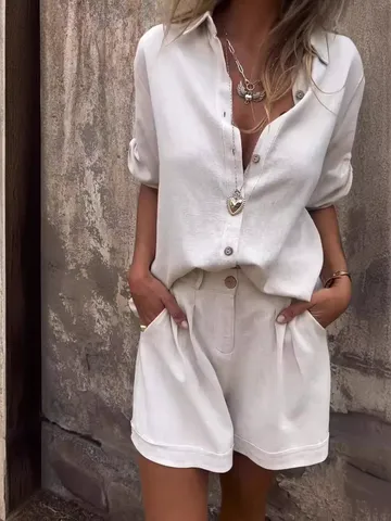 Ensemble Haut et Pantalon Décontracté en Coton Lin Couleur Unie Revers Manches Mi-Longues pour Femmes Été