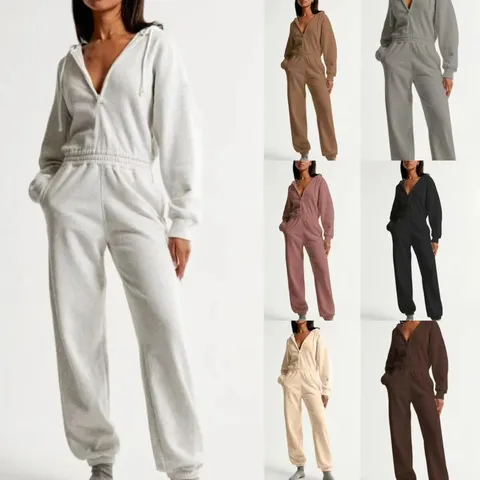 Women Casual Solid Color Long Sleeve Hooded Zipper Jumpsuit Fashion Loose Fit One Piece Romper Sportswear