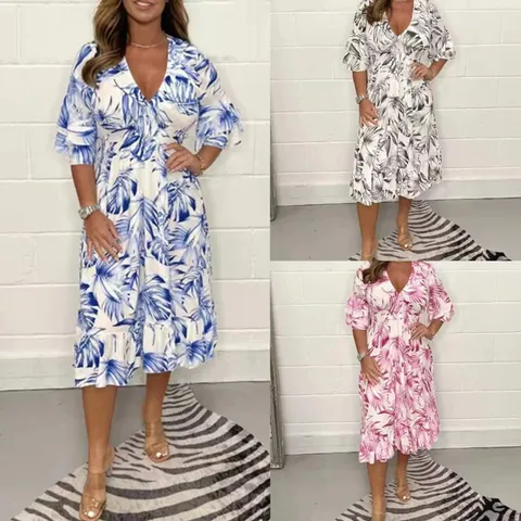 Robe Femme Decontractee Col V Manches Longues Elegante Imprime Floral Botanique Taille Haute Robe Longue Evasee Quotidien