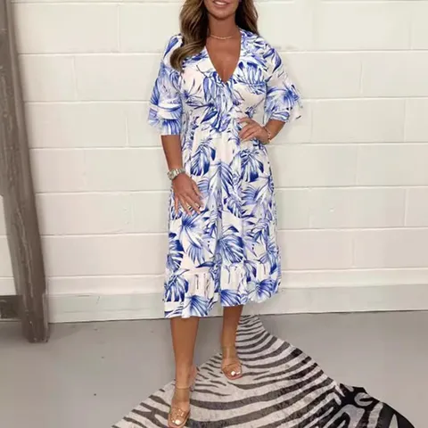 Robe Femme Decontractee Col V Manches Longues Elegante Imprime Floral Botanique Taille Haute Robe Longue Evasee Quotidien