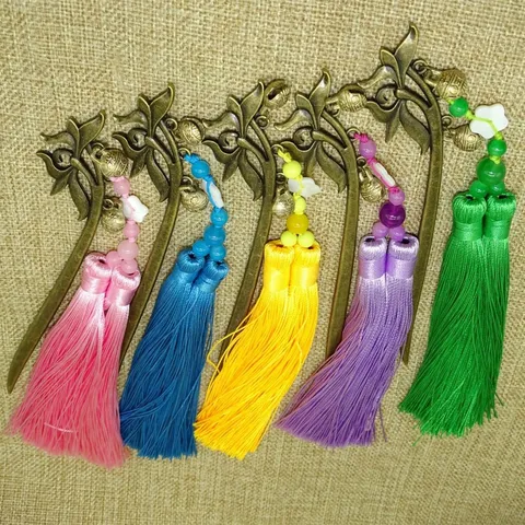 Retro Chinese Style Metal Hairpin Bookmark Tiger Bell Shell Bead Double Tassel Alloy Hair Stick Book Mark