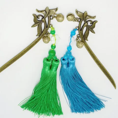 Retro Chinese Style Metal Hairpin Bookmark Tiger Bell Shell Bead Double Tassel Alloy Hair Stick Book Mark