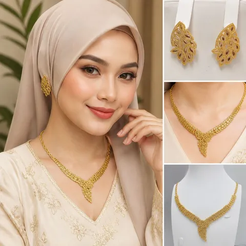 Vintage Messing Vergulde Sieradenset Voor Dames Strass Hol Blad Ketting En Oorbellen Set Bruiloft Banket Sieraden