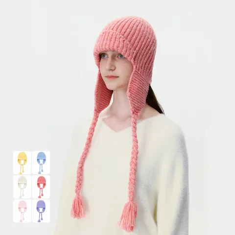 Berretto in Maglia da Donna Invernale Protezione Orecchie Stile Aviatore in Misto Lana Tinta Unita Con Nappe Intrecciate Lunghe
