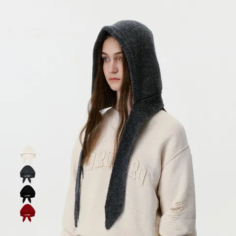Women Knitted Hooded Scarf Integrated Hat Scarf Warm Ear Protection Wool Blend Solid Color Tie-strap Windproof Neck Warmer Hat