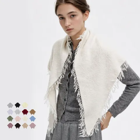 Scialle Triangolare in Misto Lana da Donna Sciarpa con Frange Grande Avvolgente Autunno Inverno Caldo Pashmina Tinta Unita per Donna
