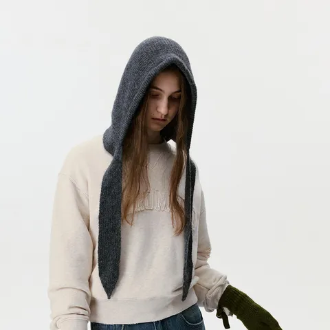 Women Knitted Hooded Scarf Integrated Hat Scarf Warm Ear Protection Wool Blend Solid Color Tie-strap Windproof Neck Warmer Hat