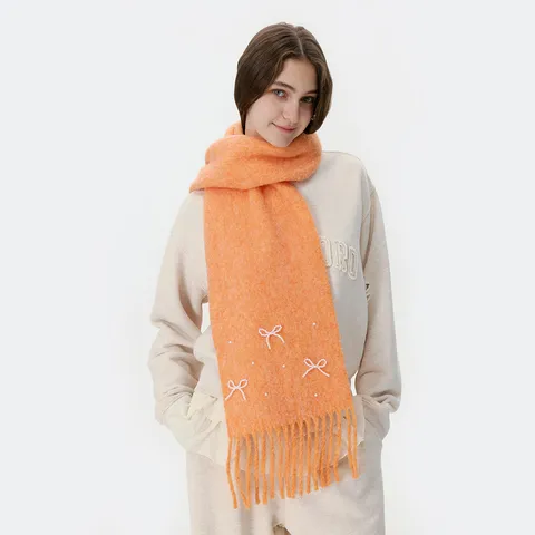 Elegante Sciarpa in Misto Lana da Donna Con Fiocco di Perline e Nappine Tinta Unita Invernale Calda Sciarpa in Maglia Scialle Lungo