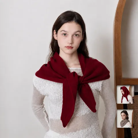 Women's Knitted Cashmere Wool Triangle Scarf Solid Color Autumn Winter Warm Neck Wrap Versatile Soft Small Neck Scarf