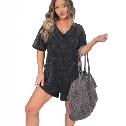 Women Casual Cotton V Neck Distressed Jumpsuit Loose Fit Half Sleeve Solid Color Summer Fashion Casual One Piece Romper