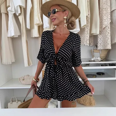 Women's Summer Polka Dot V-Neck Lace-Up Ruffle Sleeve Chiffon Romper Casual Chic Short Jumpsuit Female Clothing