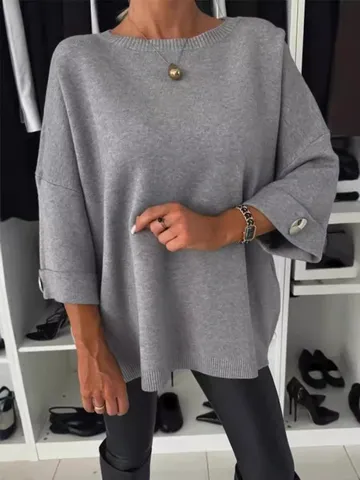 Maglione in Misto Cotone Lavorato a Maglia Casual da Donna Scollo a U Manica Media Tinta Unita Top Largo Pullover Moda Quotidiana